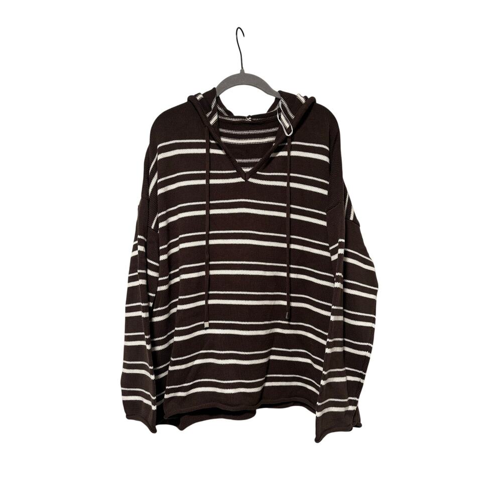 Women’s Brown Ivory Striped Hooded Knit Sweater Hoodie Pullover XXL Cotton - Picture 2 of 7